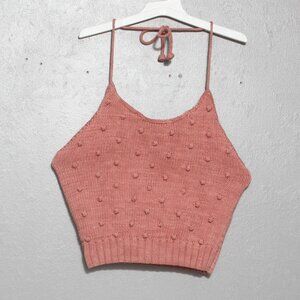 Misha And Puff Pink Knit Halter Pom-Pom Crop Top